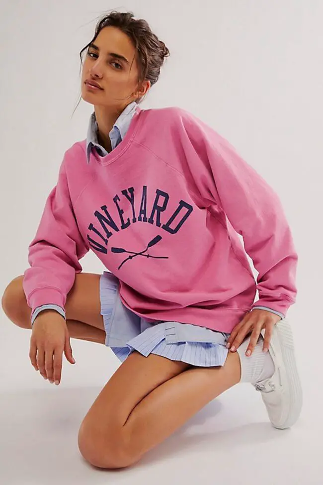 Pink "Vineyard" Sweatshirt Layered Over Shirt and Skirt